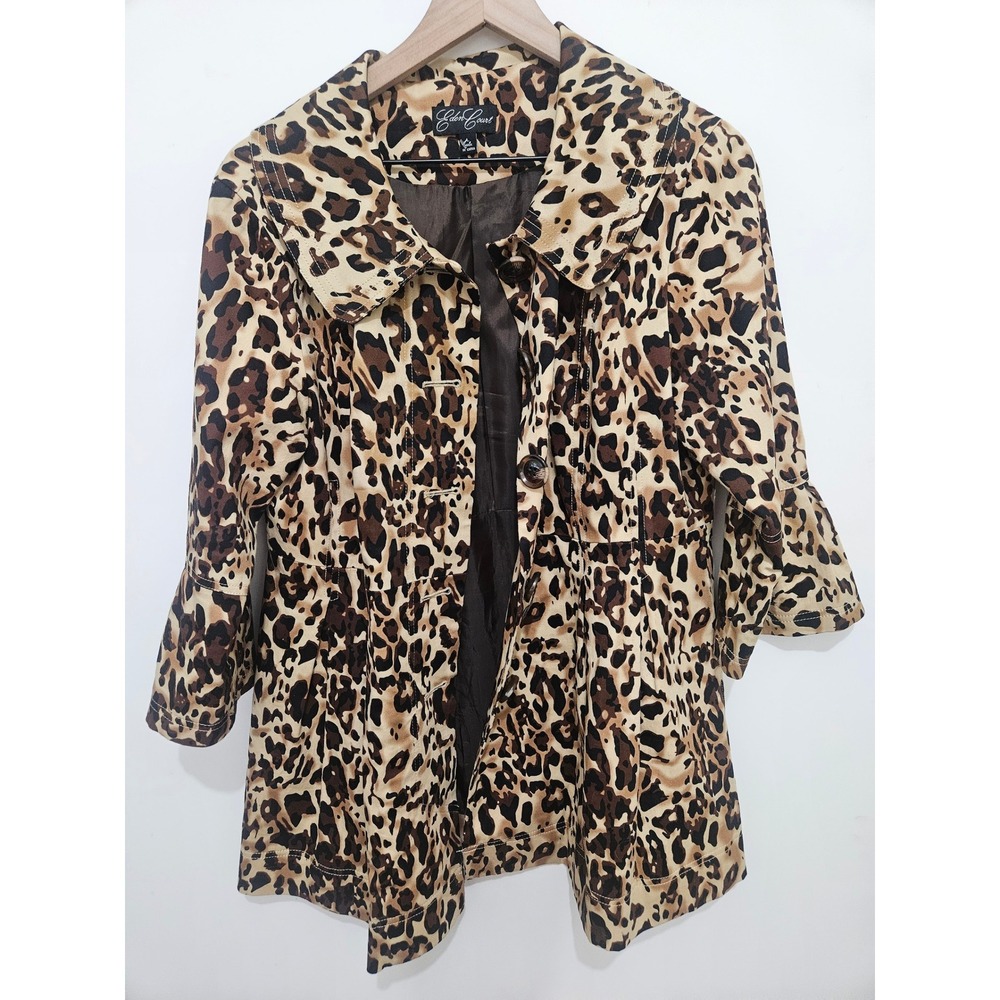 Eden Court Leopard Print Jacket Brown Tan Animal Bell Sleeve Button Up Large‎